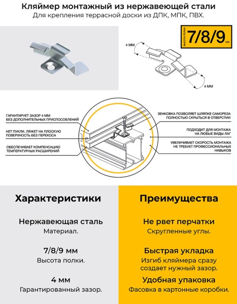 Кляймер монтажный Unodeck 8мм, шт